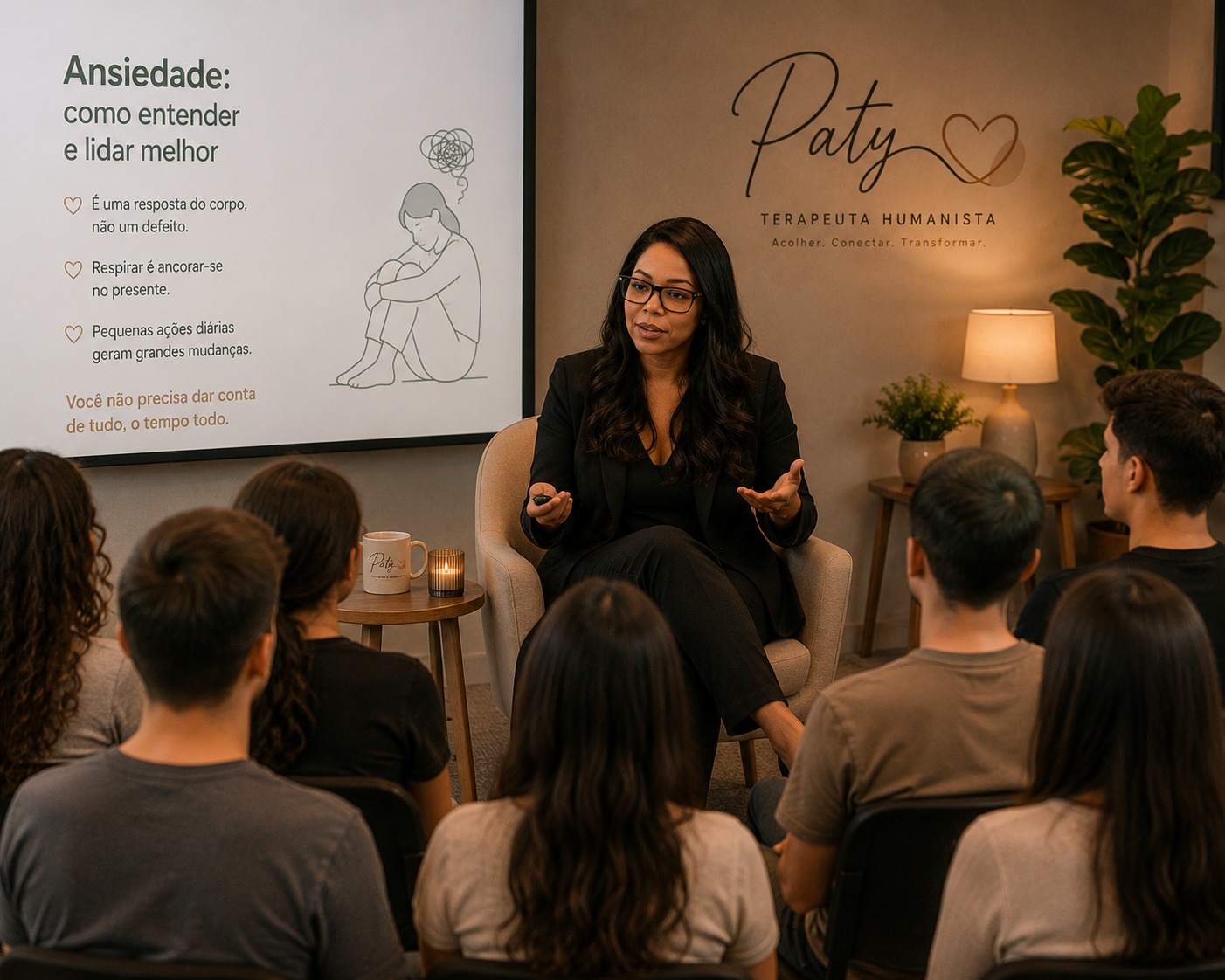 Paty Terapeuta orientando grupo sobre ansiedade